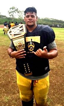 Lafo Seiuli-Sanchez holds an authentic WWE belt. The Waipahu football team gives the belt to the 'Marauder of the day' after practice and Seiuli-Sanchez, a transfer from Saint Louis, has won it multiple times. Courtesy photo.