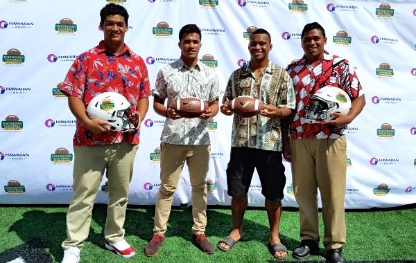 The first Polynesian Bowl will be held at Aloha Stadium in January. Four players, left to right, committed to the game were on hand at Thursday's press conference — Kapaa  left tackle Mo Unutoa, Saint Louis' Iinebacker Isaac Slade-Matautia and quarterback Tua Tagovailoa, and Kapolei defensive tackle Myron Tagovailoa-Amosa. Nick Abramo / Honolulu Star-Advertiser.