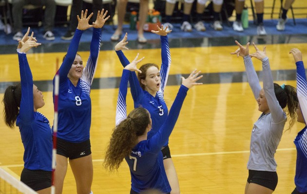 2016 SEPTEMBER 27 SPT - HSA Photo by Cindy Ellen Russell/crussell@staradvertiser.com Le Jardin Academy teammates celebrated a roof against Hawaii Baptist Academy during the second set of Tuesday's match. Le Jardin won 25-23 in both sets.