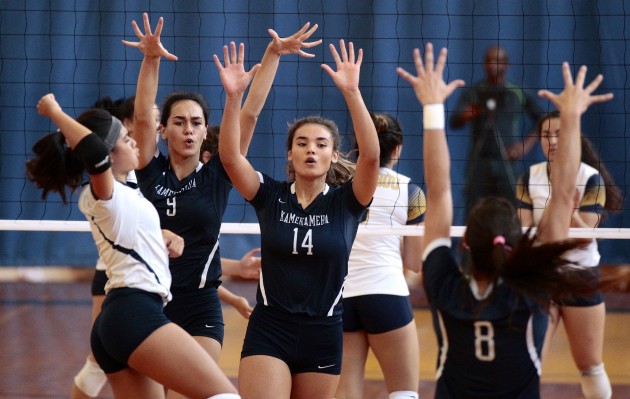2016 October 15 SPT - HSA Photo by Jamm Aquino. Kamehameha-Kapalama middle blocker Braelyn Akana (14) and outside hitter Kili Robins (9) react with their team mates after a point during the first set of a girls ILH volleyball game between the Punahou Buffanblu and the Kamehameha Warriors on Saturday, October 15, 2016 at Hemmeter Fieldhouse.