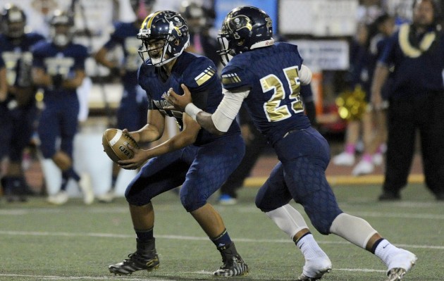 Waipahu's Braden Amorozo, left, and Alfred Failauga lead the OIA Division II In passing and rushing respectively. Photo by Bruce Asato/Star-Advertiser.