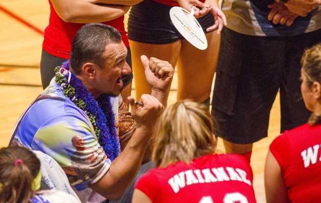 Waianae head coach Wilhelm Wagner rallied his team between sets at the OIA Division II Championship match against Roosevelt on Thursday night. Cindy Ellen Russell / Star Advertiser