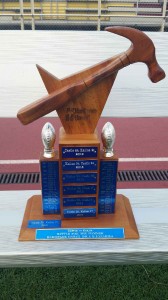 The Hammer Trophy, sponsored by Hardware Hawaii, goes to the winner when rivals Castle and Kailua play against each other. Courtesy photo.