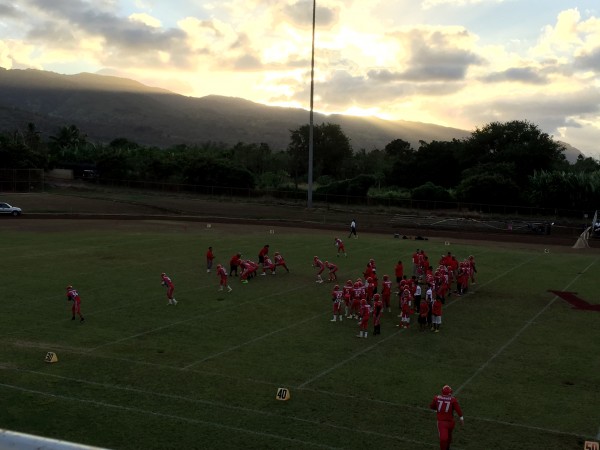 Waialua warms up at Tosh Nakasone Field before a regular-season matchup with Pearl City. Friday, Oct. 13, 2016. 