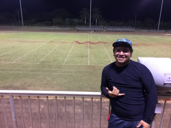 Waialua placekicker Dylan Hardin climbed to the top of the press box to take a photo of Tosh Nakasone Field after the Bulldogs' final home game of the season. Friday, Oct. 14, 2016. 