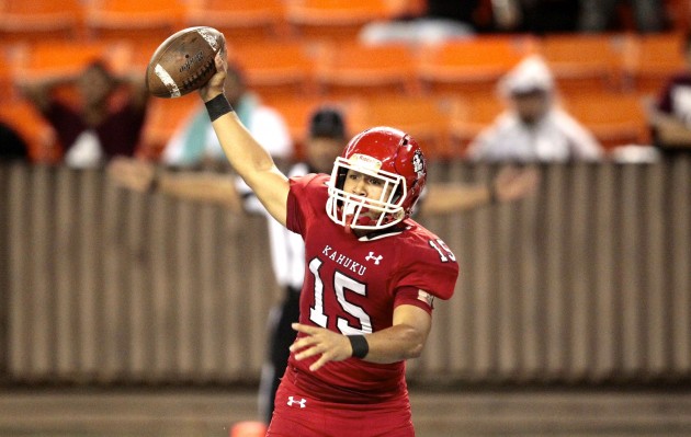 Kahuku receiver Royce Pao celebrated after a touchdown in the OIA title game. Photo by Jamm Aquino/Star-Advertiser.