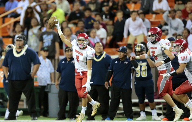 Waialua's Lancen Kuni showed off the football after recovering a fumble against Waipahu in the final seconds of the second half to secure the win and OIA Division II title. Photo by Jamm Aquino/Star-Advertiser.
