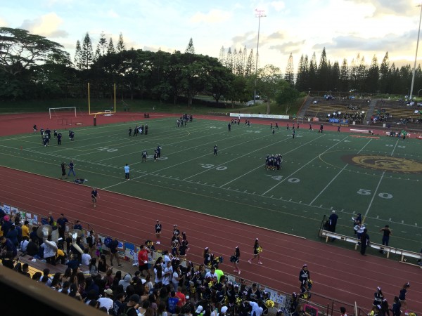 The black flag is waving on the Waipahu side of the field at John Kauinana Stadium during warmups. 