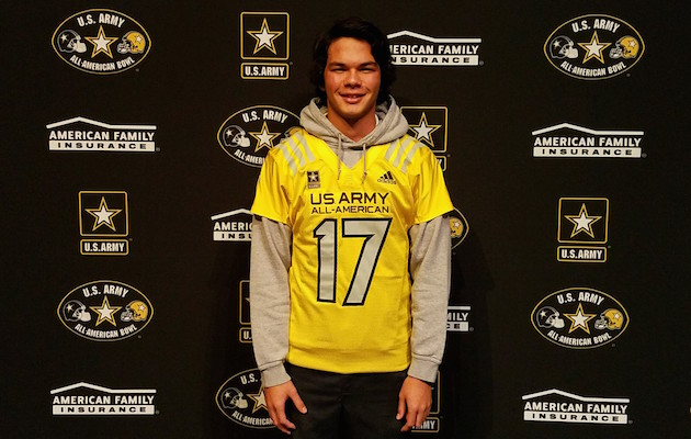 Kamehameha senior Adam Stack received his U.S. Army All-American Bowl jersey today. Photo courtesy Kamehameha Schools