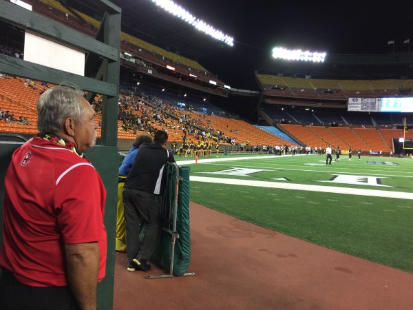 Lahainaluna co-head coach Bobby Watson soaks it in minutes after the Lunas won their first state championship. 