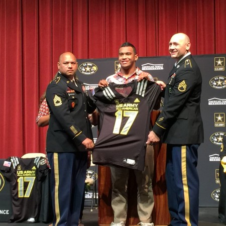 US Army All-American Bowl representatives present Saint Louis senior Tua Tagovailoa with a jersey for the game.