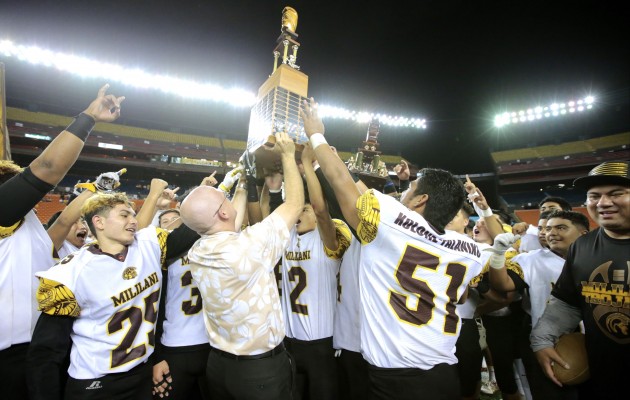 Mililani, the defending Division I football state champion, will play at Clayton Valley of Concord, Calif., on Sept. 1. Jamm Aquino / Honolulu Star-Advertiser.