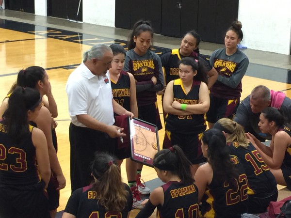 Maryknoll coach Chico Furtado chats with his team during a time out at the ‘Iolani Prep Classic. 