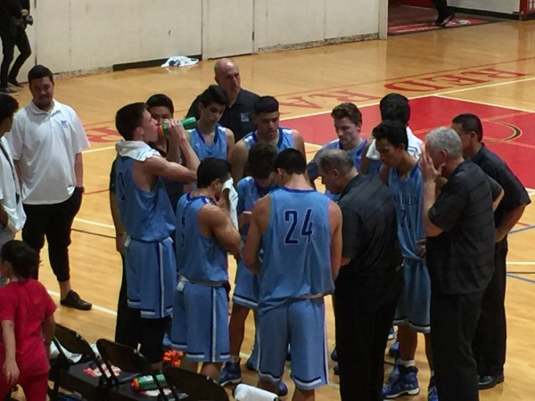 Kailua coach Wally Marciel chats with his team during a 30-second time out at Kahuku. Wednesday, Dec. 28, 2016. 