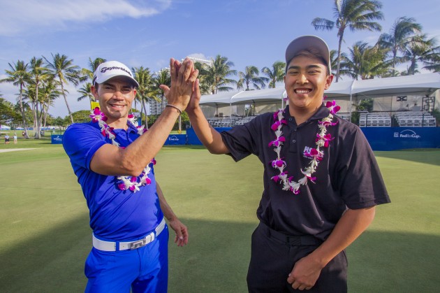Baldwin senior Justin Arcano (right) teamed with Camilo Villegas to win the HTA Pro-Junior Challenge at Waialae Country Club. Dennis Oda/Star-Advertiser