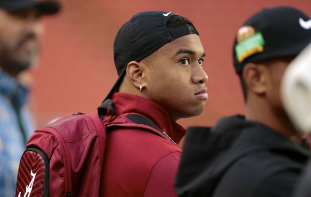 Tua Tagovailoa flew in from Alabama to be on the sidelines with friends and former teammates at the Jan. 21 Polynesian Bowl at Aloha Stadium. Tagovailoa was not able to participate in the bowl game because he is already enrolled at the University of Alabama. Jamm Aquino / Honolulu Star-Advertiser.
