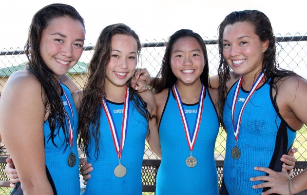 Punahou's Nohea Lileikis, Sydnee Whitty, Chanel Ng and Lia Foster won a state relay last year and look like the swimmers to beat in the ILH this year. Tim Wright / Special to the Star-Advertiser