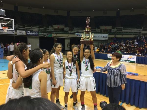 The Konawaena Wildcats took home an eighth girls basketball Division I state championship trophy on Saturday. Photo by Paul Honda/Star-Advertiser