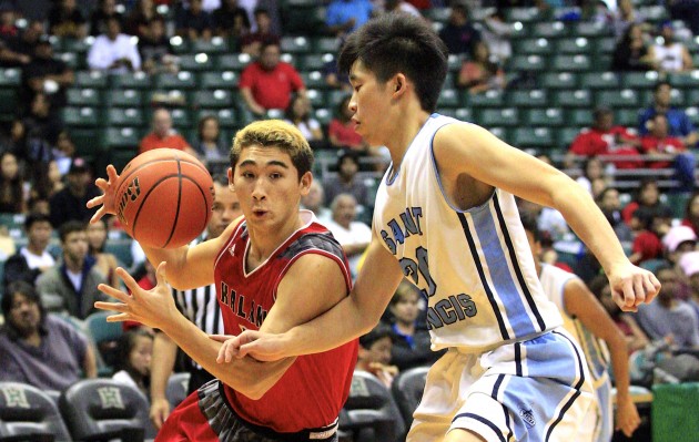 Kalani's Max Pope drove toward the key as St. Francis' Bryce Nishida defended on the play. Photo by Cindy Ellen Russell/Star-Advertiser.