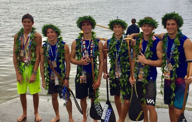 The Punahou boys canoe paddling team is undefeated this year and in search of a third consecutive state championship. (From L-R) Drew Watamull, Nat Yee, Hunter Pflueger, Aukai Manson, Ethan Siegfriend, and Noa Kerner. Photo courtesy Ka Lahui Kai. 