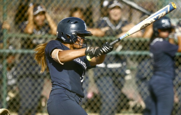 Kamehameha outfielder Rayla Jacobs-Kea hit an RBI double in a game against 'Iolani last month. Photo by Jamm Aquino/Star-Advertiser.