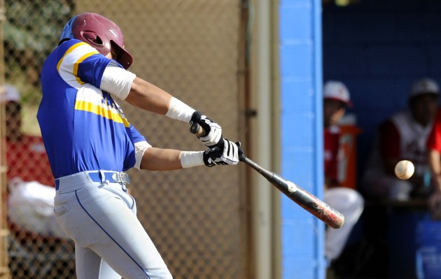 Kaiser's Lincoln Lima hit a home run in a March 22 game against Kalani. The Cougars beat Aiea 9-5 on Wednesday and will play at No. 1-seeded Campbell today in the Oahu Interscholastic Association quarterfinals. Bruce Asato / Honolulu Star-Advertiser.