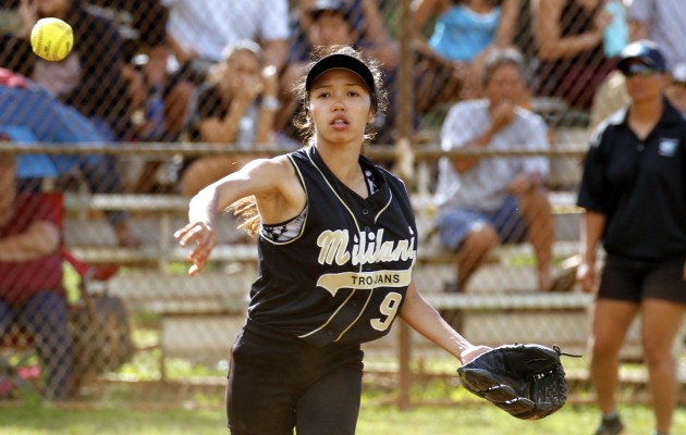 Mililani pitcher Misha Carreira threw to first for an out on Thursday. Cindy Ellen Russell / Star-Advertiser
