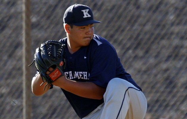 Kamehameha sophomore Christian DeJesus threw 63 pitches in two innings before departing against Saint Louis, enduring two warmups during an 81-minute pre-game delay. Cindy Ellen Russell crussell@staradvertiser.com