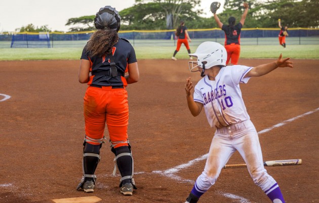 Pearl City's Taylor Shigeta scored the game-tying run and looked back as the eventual winning run crossed the plate in a win over previous-No. 1 Campbell last week. Photo by Dennis Oda/Star-Advertiser.