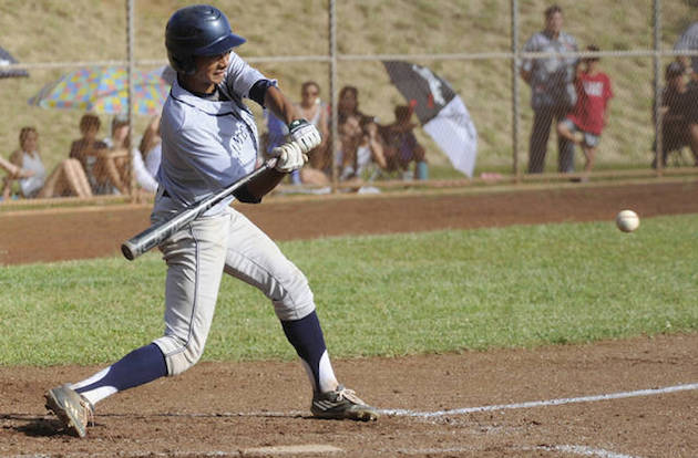 Kamehameha's Francis Gora singled home the only run of the game in the Warriors' 1-0 win over Saint Louis on Thursday at Goeas Field. Photo by Bruce Asato/Star-Advertiser.