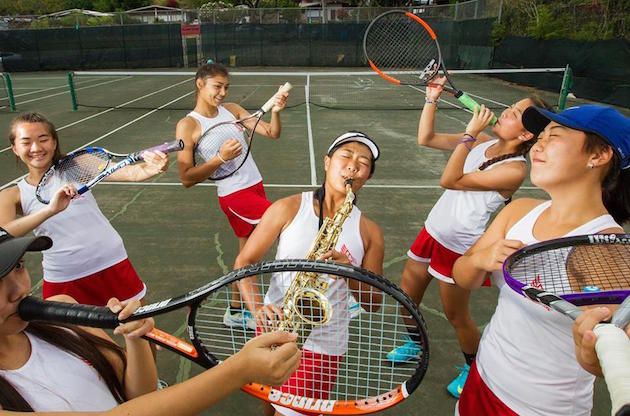 Kalani girls tennis player Dale Emoto, center, loves to play the saxophone and has made a lot of friends through band practice. Photo by Cindy Ellen Russell/Star-Advertiser.