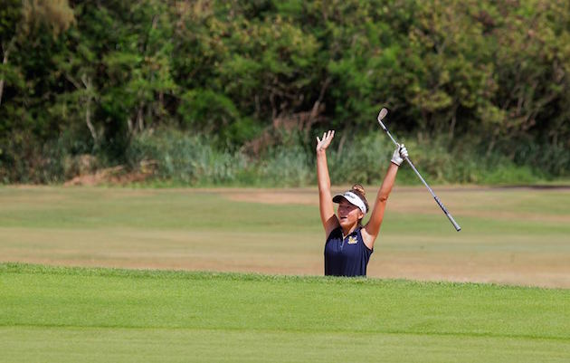 Kaiser's Malia Nam holed out for birdie from a bunker on the seventh playoff hole for what she thought was an OIA title, only to see Kalani's Miki Manta sink a 40-foot putt to keep the playoff going. Dennis Oda/Star-Advertiser.