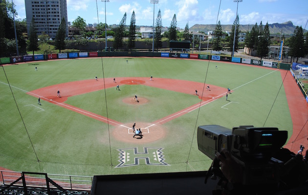 The view from the press box to begin the Wally Yonamine Foundation/HHSAA Baseball State Championships. Photo by Jerry Campany/Star-Advertiser.