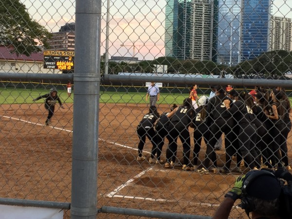 Mililani's Markie Okamoto arrives at home plate after smacking a three-run homer in the seventh inning against Campbell in the OIA softball semifinals at McKinley. (Apr. 24, 2017) Paul Honda/Star-Advertiser