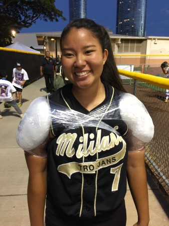 Senior catcher Markie Okamoto felt the highs of a victory over Campbell on Monday, but also had bittersweet memories of her great-grandparents. (Apr. 24, 2017) Paul Honda/Star-Advertiser