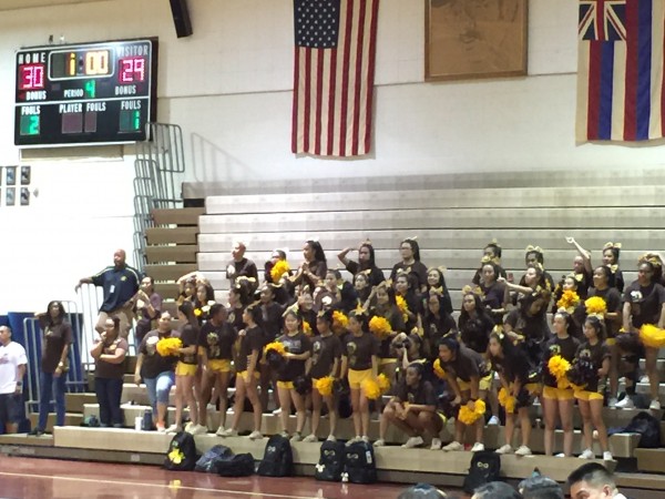 Mililani's fans, including the cheer squad, were at an audible peak during a wild fourth set against Waipahu. (Apr. 25, 2017) Paul Honda/Star-Advertiser