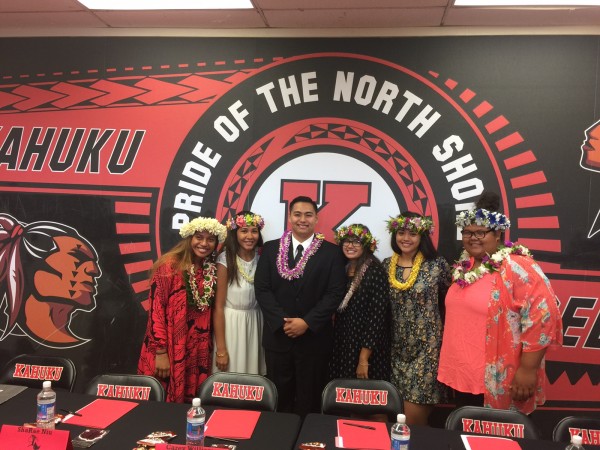 Six Kahuku seniors signed letters of intent this morning:  Sharae Niu, UH Hilo, Volleyball; Carey Williams, University of Portland, Volleyball; Cameron Renaud, University of Redlands, Football; Puao Sao, Winthrop University, Volleyball; Cheyenne Te'o, Notre Dame de Namur, Volleyball; Bradina Anae, BYU, Track and Field. (Apr. 12, 2017) Photo courtesy of Kelli Te'o.