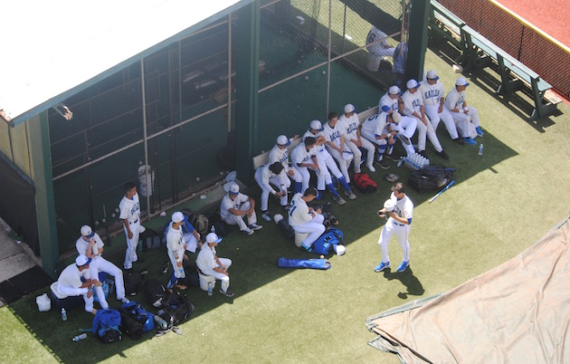 Kailua waited patiently near the batting cage at Les Murakami Stadium before its state quarterfinal game against Waiakea. Photo by Jerry Campany/Star-Advertiser.