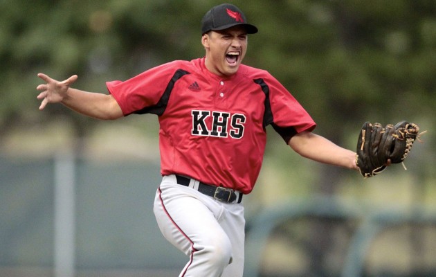 Kauai infielder Travis Borrero celebrated after the final out of the Division II state final. Photo by Jamm Aquino/Star-Advertiser.