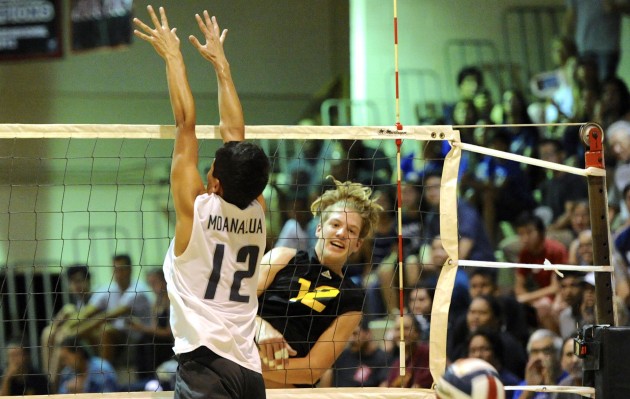 Mililani’s Nathaniel Johnson watched the ball get past Moanalua’s Zackary Miyamoto in the second set of the Trojans' five-set win over Moanalua for the OIA title on Thursday. Photo by Bruce Asato/Star-Advertiser.