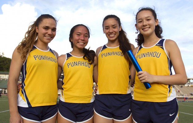 Punahou’s Kealoha Scullion, Kaylie Klausing, Alialani Yamafuji and Stevie Marvin set an ILH record in the 4x100 relay. Photo by Cindy Ellen Russell/Star-Advertiser.