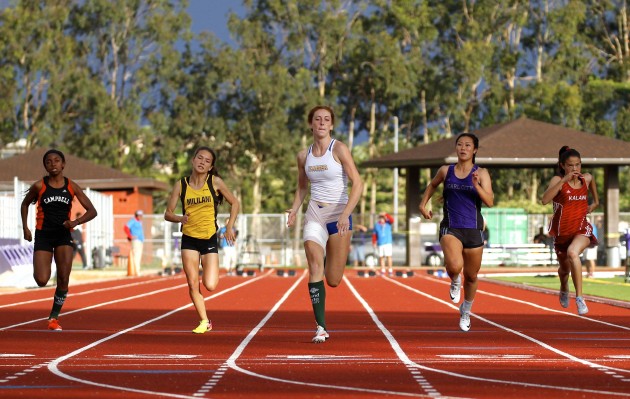Kristen O'Handley's victory in the 100-meter dash Saturday was one of five for the Kaiser athlete at the OIA championship meet in Pearl City. Cindy Ellen Russell / Honolulu Star-Advertiser.