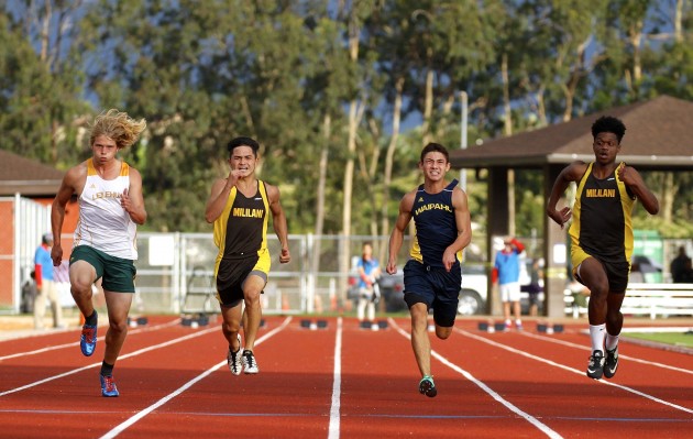 Mililani's Jaratt Kaopuiki-Ota (second from left) placed second and teammate Kaleo Pogue (right) placed third in the 100-meter dash at the OIA championship meet Saturday at Pearl City. Both Trojans are among three seniors on the school's 4-x-100 team that will opt for the state meet instead of the graduation ceremony May 13. Leilehua's Jacob Schmidt, left, won the race, and Waipahu's Isaiah Harris took fourth. Cindy Ellen Russell / Honolulu Star-Advertiser.
