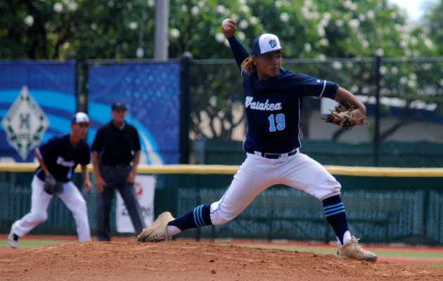 Waiakea's Makoa Andres struck out six and had a shutout going through six innings before running into a bit of trouble in the seventh during the Warriors' 3-1 Division I quarterfinal victory over Kailua on Thursday. Jerry Campany / Honolulu Star-Advertiser.
