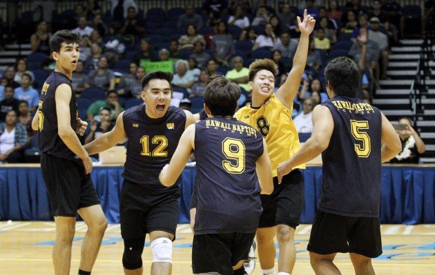 Hawaii Baptist celebrated its seventh consecutive Division II state title after sweeping Kapaa. Photo by Cindy Ellen Russell/Star-Advertiser.